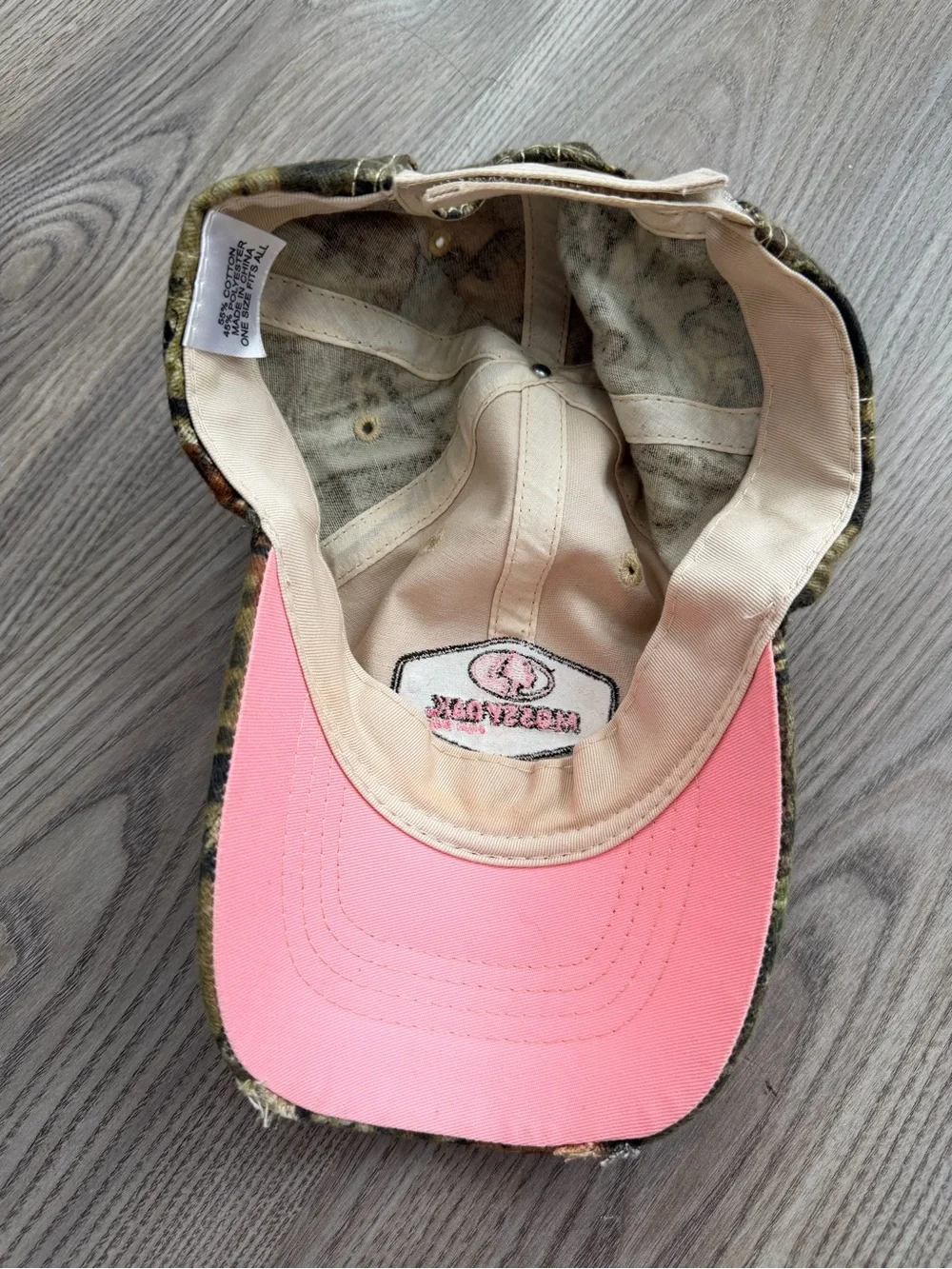 Y2K Mossy Oak Camo Cap with Pink Visor Rhinestones and Tan Front